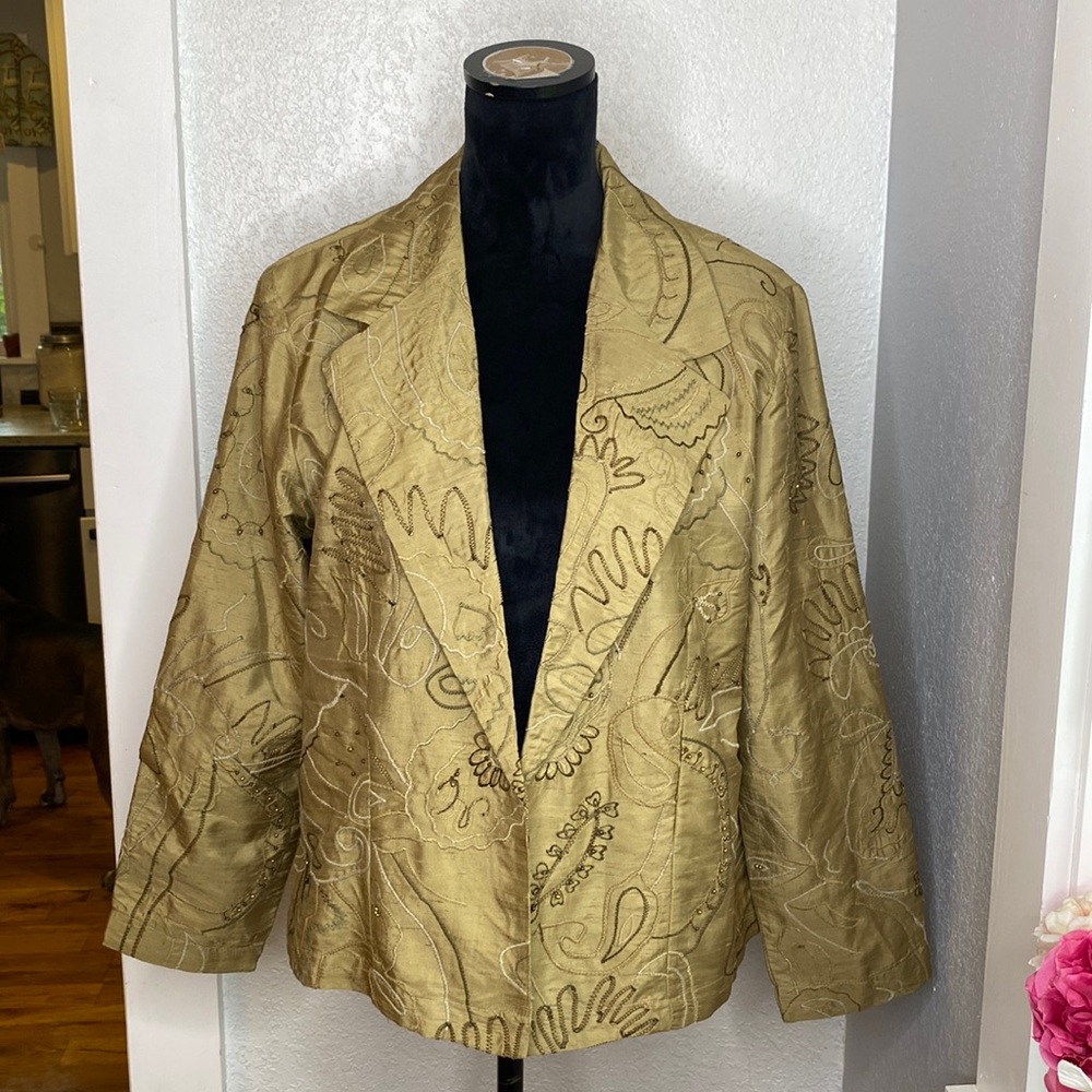 Chico’s Gold Silk Embroidered Beaded lined Blazer Jacket Art-to-Wear boho luxe